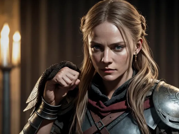 an Denmark actress Cecilie Stenspil who played the role warrior-viking woman Eivor in Assassin's Creed - Valhalla, muscular body, tattoos, an old scar on her cheek, downed fists, the raven clan, medieval england, fist fight, uppercut hook