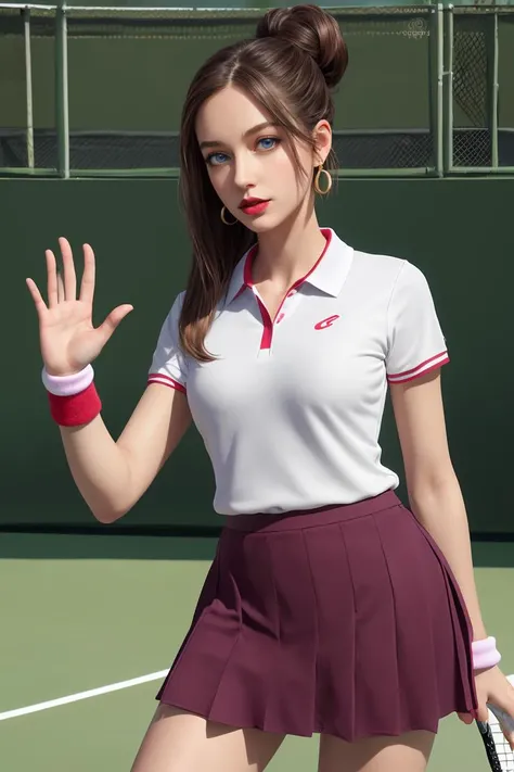 (masterpiece, best quality), 1girl, Tennis skirt and athletic polo shirt, Goddess, Average Height, Lean, Oval Face, Fair Skin, Brunette Hair, Blue Eyes, Wide Nose, Thin Lips, Round Chin, Long Hair, Coarse Hair, Straight Updo, small breasts, Huggie earrings, burgundy matte lipstick, waving, balancing