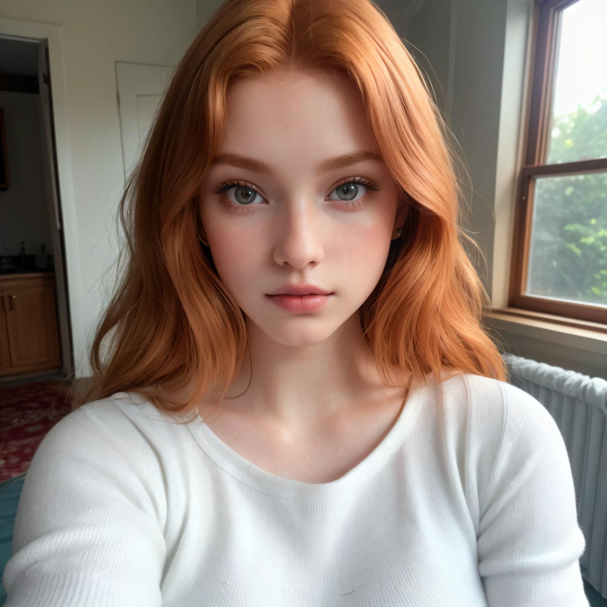 barbie, 19 years old, model, very large breast, ginger hair, pale skin, selfie, casual clothes, closeup, indoor, hardwood house, alluring eyes, parted lips, <lora:add_detail:0.5>, <lora:breastinClass:0.3>,, analog style, eye focus, highest quality, (highly detailed skin, detailed skin texture), RAW color photo, , (highly detailed, fine details), diffused lighting, tilt shift, side lighting, film grain, photographed on a Canon EOS R5, 8k resolution,