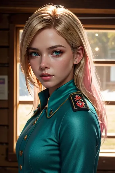 modelshoot style, (extremely detailed 8k wallpaper),blonde,  photo of blonde Josie Lane as a sexy female pink soldier barbie,  locked in a dark abandoned cabin, bear in background, scary, (backlighting), realistic, masterpiece, highest quality, ((green dress 1700s)), basket of food on ground, ((scared)), lens flare, shade, bloom, ((light sparkles)), [chromatic aberration], by Jeremy Lipking, by Antonio J. Manzanedo, by (Alphonse Mucha), digital painting, 
detailed face, (vibrant, photo realistic, realistic, dramatic, dark, sharp focus, 8k), (weathered greasy dirty damaged old worn pink military soldier outfit:1.3), detailed skin, realistic, photo-realistic, 8k, highly detailed, full length frame, High detail RAW color art, piercing, diffused soft lighting, shallow depth of field, sharp focus, hyperrealism, cinematic lighting, (wet body, wet hair), (hyperrealism:1.2), (8K UHD:1.2), (photorealistic:1.2), shot with Canon EOS 5D Mark IV, detailed face, detailed hair,