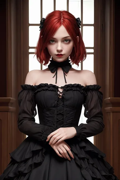 (masterpiece, best quality), 1girl, red hair, medium chest, gothic frill dress, pervert face,