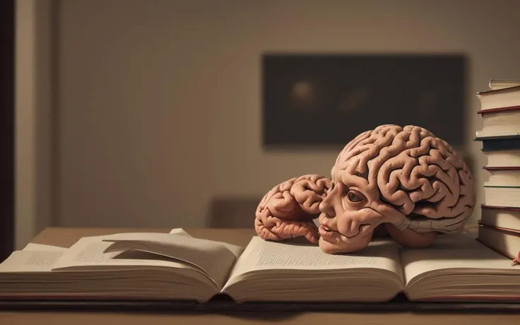 psychology, brain with books digital art, 8k, sharp focus, cinematic lighting