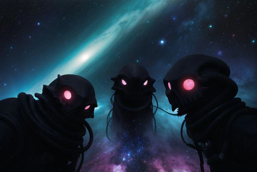 deep space scene with eldritch abominations, a nightmare brought form