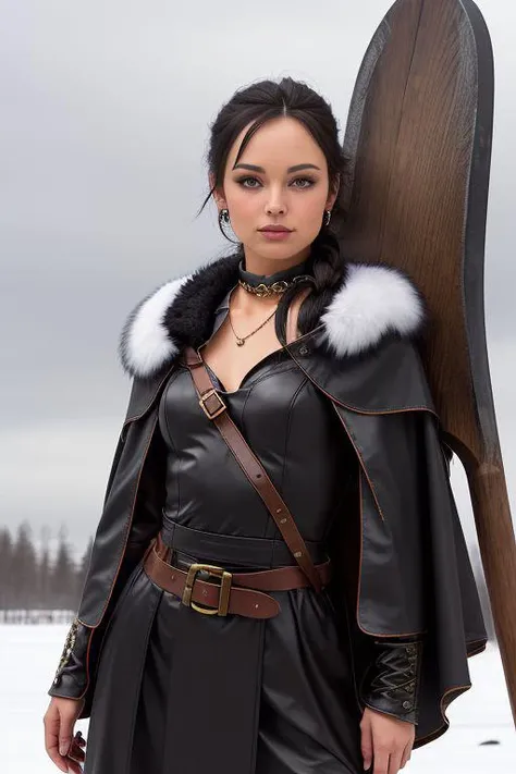 Portrait of <lora:FGK4t13_v12:0.75>, FGK4t13, 1girl, solo, black hair, messy hair, The Viking warrior stands in the midst of a snow-covered battlefield, the sky above a bleak gray. She is armored in a fitted leather jerkin with chainmail sleeves, and a heavy fur cloak is fastened around her neck with an ornate brooch. Her hands are gloved in thick leather, gripping the handle of an axe slung over her shoulder. Her hair is intricately braided and adorned with small bones, her expression fierce and unyielding as she surveys the aftermath of the clash.