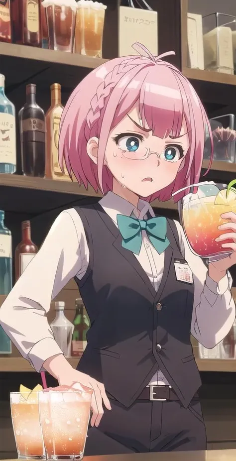 Porta, 1girl, solo, worried, v shaped eyebrows, flat chested, sweat drop, bar, bartender outfit, bowtie, vest, drinks, ((holding giant glass drink)), perfect quality, good quality, masterpiece, HDR, UHD <lora:Porta:0.6>