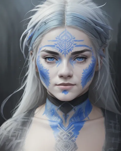 female face, female, celtic feral berserker woman with blue warpaint, <lora:elsa jean highres:0.8>, intricate, elegant, highly detailed, digital painting, artstation, concept art, smooth, sharp focus, illustration, art by h r giger and greg rutkowski and alphonse mucha, beautiful dramatic lighting
