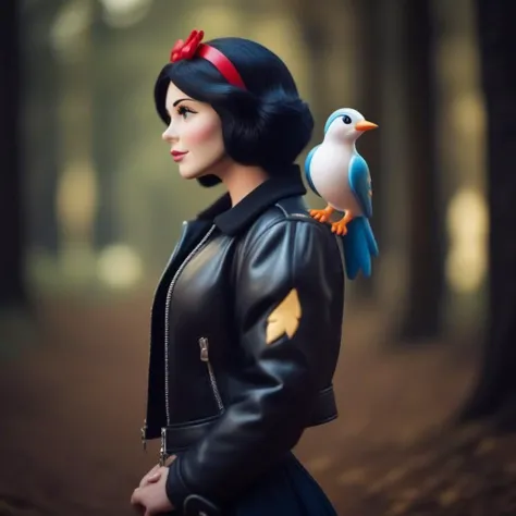 cinematic photo SnowWhite1024, a cartoon woman hold a bird wear a black leather perfecto jacket, forest <lora:SnowWhite1024:0.8> . 35mm photograph, film, bokeh, professional, 4k, highly detailed