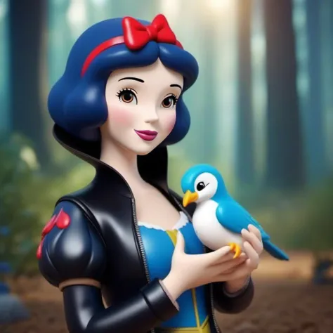 cinematic photo SnowWhite1024, a cartoon woman hold a bird wear a black leather perfecto jacket, forest <lora:SnowWhite1024:0.8> . 35mm photograph, film, bokeh, professional, 4k, highly detailed