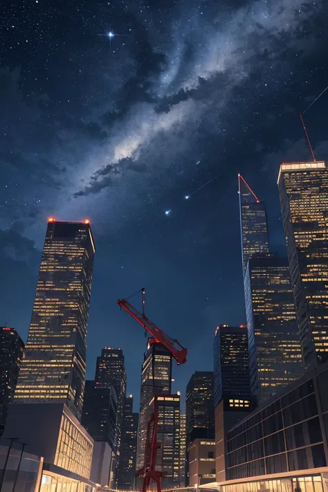 masterpiece, best quality, highres, absurdres, ultra-detailed, scenery, night, city, skyscrapers, night_sky, starry_sky, crane_/(machine/) drawn in the artstyle of  <lora:EveryDayArtV5Lora:0.6>,