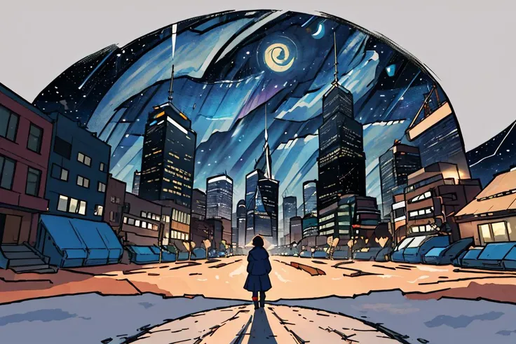 masterpiece, best quality, highres, absurdres, ultra-detailed, scenery, night, city, skyscrapers, night_sky, starry_sky, crane_/(machine/), drawn in the artstyle of  <lora:EveryDayArtV5Lora:1.0>,