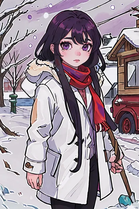 masterpiece, best quality, 1girl, black_hair, purple_eyes, white_coat, red_scarf, long_hair, snow,, drawn in the artstyle of <lora:EveryDayArtV5Lora:0.7>,