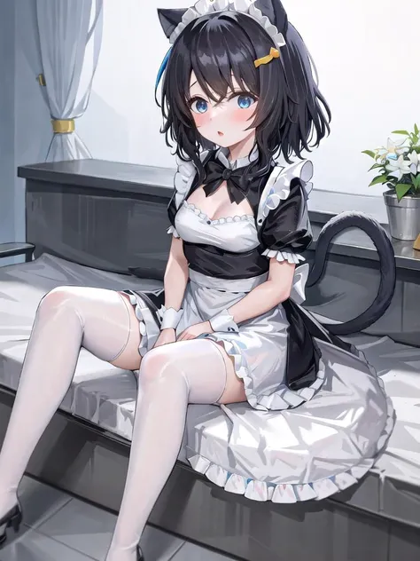 1girl, fran, cat tail, cat ears, black hair, blue eyes, tail, hair ornament, crossed bangs, animal ear fluff, short hair, [small breasts], <lora:StS-FranRAAS:0.9>  <lora:GGAS_Maid_Dress:0.6> Maid_Dress