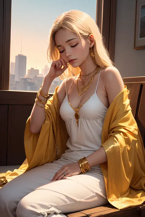 1girl, closed_eyes, jewelry, necklace, sitting, solo , Golden hour,