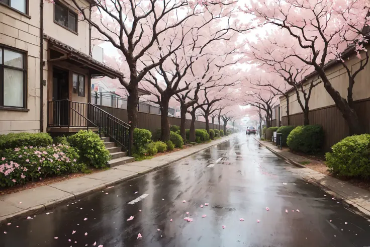 (masterpiece, top quality, best quality, official art, beautiful and aesthetic:1.2),extreme detailed,colorful,highest detailed,branch, building, chain-link fence, cherry blossoms, fence, long hair, outdoors, petals, landscape, rain, tree,sky,street