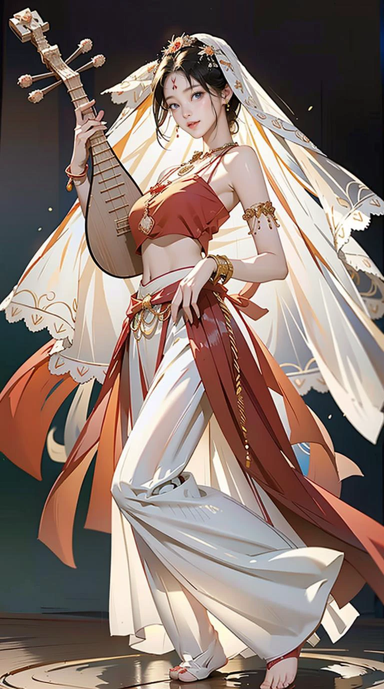 1girl, (playing pipa, holding pipa, pipa), stand, full body, barefoot, ((XiYu_clothes)),(red/white/yellow/balck crop top),large breasts,((jewelry, bracelet, necklace, veil)),midriff,navel,(red/white/yellow/balck skirt), ancient China background, masterpiece, best quality, 8k,