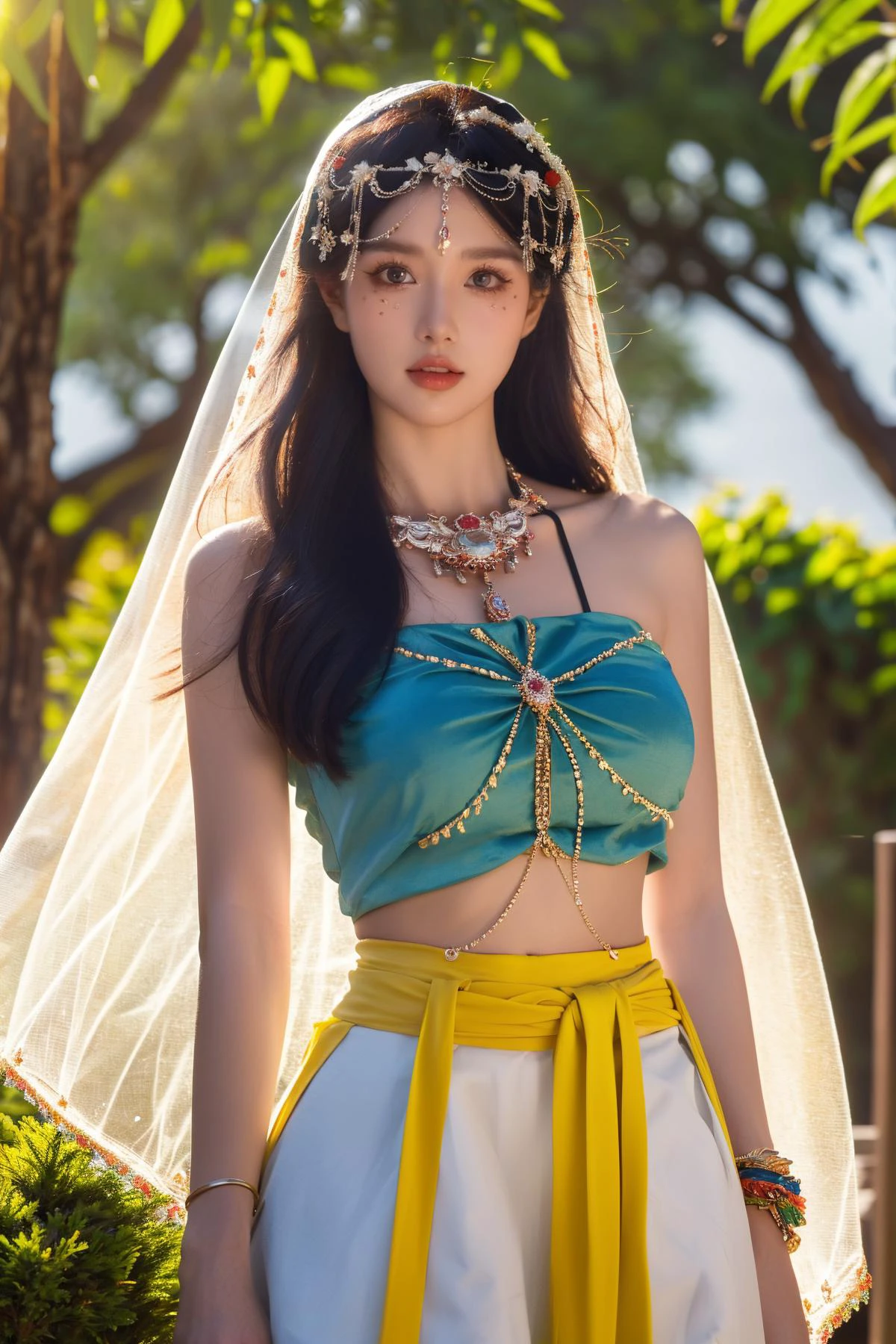 (Best Quality, Masterpiece:1.4), (Realism:1.2), (Realisitc:1.2), (Absurdres:1.2), (photorealistic:1.3), Realistic Skin,Solo,( Very Big Eyes,beautiful detailed eyes, symmetric eyes,), ((cowboy shot)),1girl,solo, <lora:xiyu_clothes:0.8>,((XiYu_clothes)),1girl,(red/white/yellow/balck crop top),large breasts,(jewelry, bracelet, necklace, veil),midriff,navel,(red/white/yellow/balck skirt),upper body,standing,(cowboy shot),(masterpiece,high quality,best quality),(colorful),(delicate eyes and face),volumatic light,ray tracing,extremely detailed CG unity 8k wallpaper,solo,outdoors,flowers,sunshine,park,trees,plants,