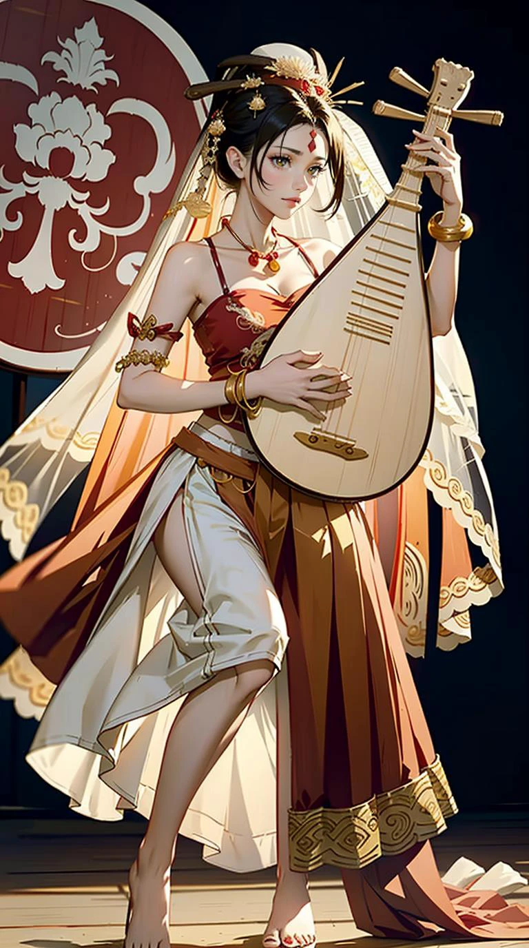 1girl, (playing pipa, holding pipa, pipa), stand, full body, barefoot, dancing, ((XiYu_clothes)),(red/white/yellow/balck crop top),large breasts,((jewelry, bracelet, necklace, veil)),midriff,navel,(red/white/yellow/balck skirt), ancient China background, ancient China buildings, masterpiece, best quality, 8k,
