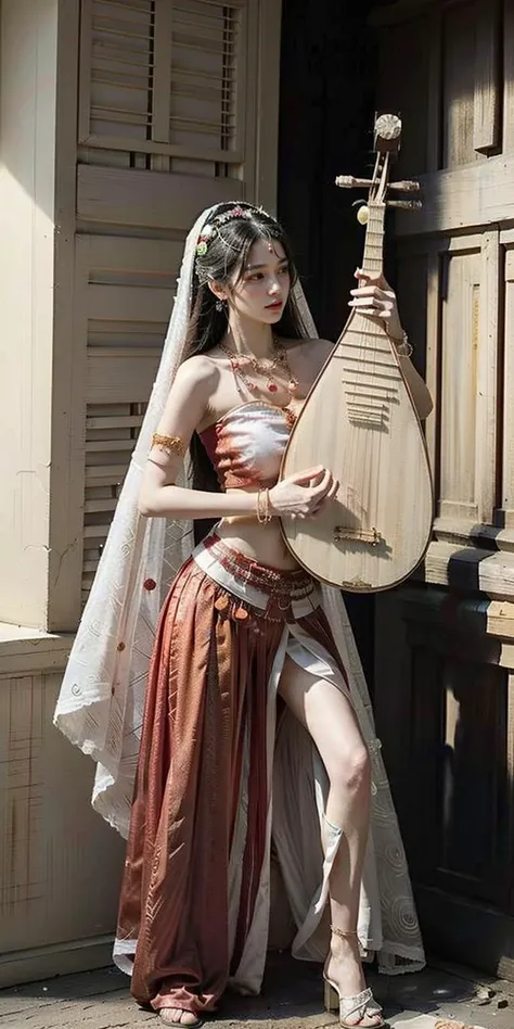 1girl, playing pipa, holding pipa, pipa, full body, stand, ((XiYu_clothes)),(red/white/yellow/balck crop top),large breasts,((jewelry, bracelet, necklace, veil)),midriff,navel,(red/white/yellow/balck skirt),(natural standing pose:1.35),barefoot, Inside an old church, masterpiece, best quality, 8k,