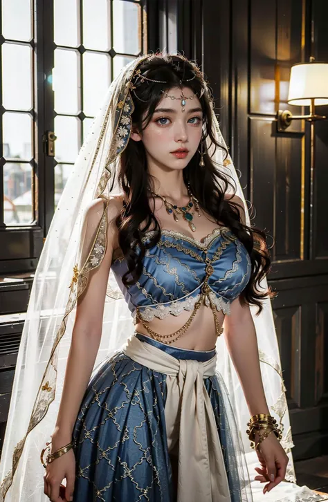 <lora:xiyu_clothes:0.8>,((XiYu_clothes)),1girl,(crop top),large breasts,((jewelry, bracelet, necklace, veil)),midriff,navel,(skirt),upper body,standing,(cowboy shot),(masterpiece,high quality,best quality),(colorful),(delicate eyes and face),volumatic light,ray tracing,extremely detailed CG unity 8k wallpaper,solo, indoors, palace, lights, window, decorations