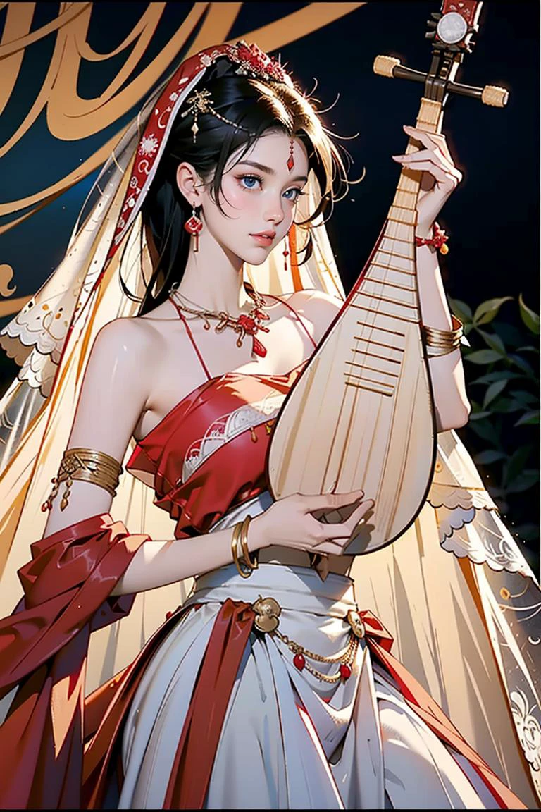 1girl, (playing pipa, holding pipa, pipa), stand, ((XiYu_clothes)),(red/white/yellow/balck crop top),large breasts,((jewelry, bracelet, necklace, veil)),midriff,navel,(red/white/yellow/balck skirt), outdoors, desert, masterpiece, best quality, 8k,