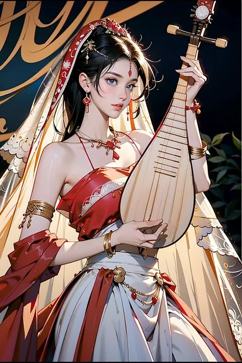 1girl, (playing pipa, holding pipa, pipa),  stand, ((XiYu_clothes)),(red/white/yellow/balck crop top),large breasts,((jewelry, bracelet, necklace, veil)),midriff,navel,(red/white/yellow/balck skirt), outdoors, desert,  masterpiece, best quality, 8k,