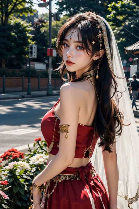 <lora:xiyu_clothes:0.8>,((XiYu_clothes)),1girl,(red crop top),large breasts,((jewelry, bracelet, necklace, veil)),(red skirt),upper body,standing,from behind,(cowboy shot),(masterpiece,high quality,best quality),(colorful),(delicate eyes and face),volumatic light,ray tracing,extremely detailed CG unity 8k wallpaper,solo,outdoors,flowers,sunshine,park,trees,plants,