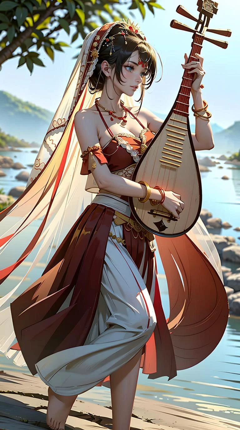 1girl, (playing pipa, holding pipa, pipa), stand, full body, barefoot, dancing, ((XiYu_clothes)),(red/white/yellow/balck crop top),large breasts,((jewelry, bracelet, necklace, veil)),midriff,navel,(red/white/yellow/balck skirt), outdoor, river, water, masterpiece, best quality, 8k,