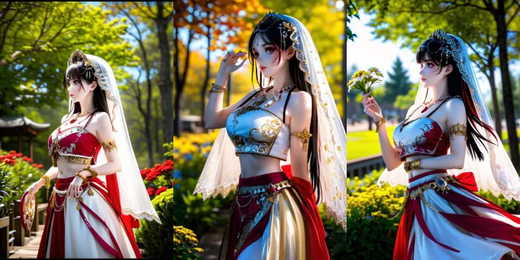 highly insanely detailed, masterpiece, top quality, best quality, highres, 4k, 8k, RAW photo, (very aesthetic, beautiful and aesthetic), <lora:xiyu_clothes:0.8>, ((XiYu_clothes)), 1girl, (red/white/yellow/balck crop top), large breasts, ((jewelry, bracelet, necklace, veil)), midriff, navel, (red/white/yellow/balck skirt), upper body, standing, (cowboy shot), solo, outdoors, flowers, sunshine, park, trees, plants