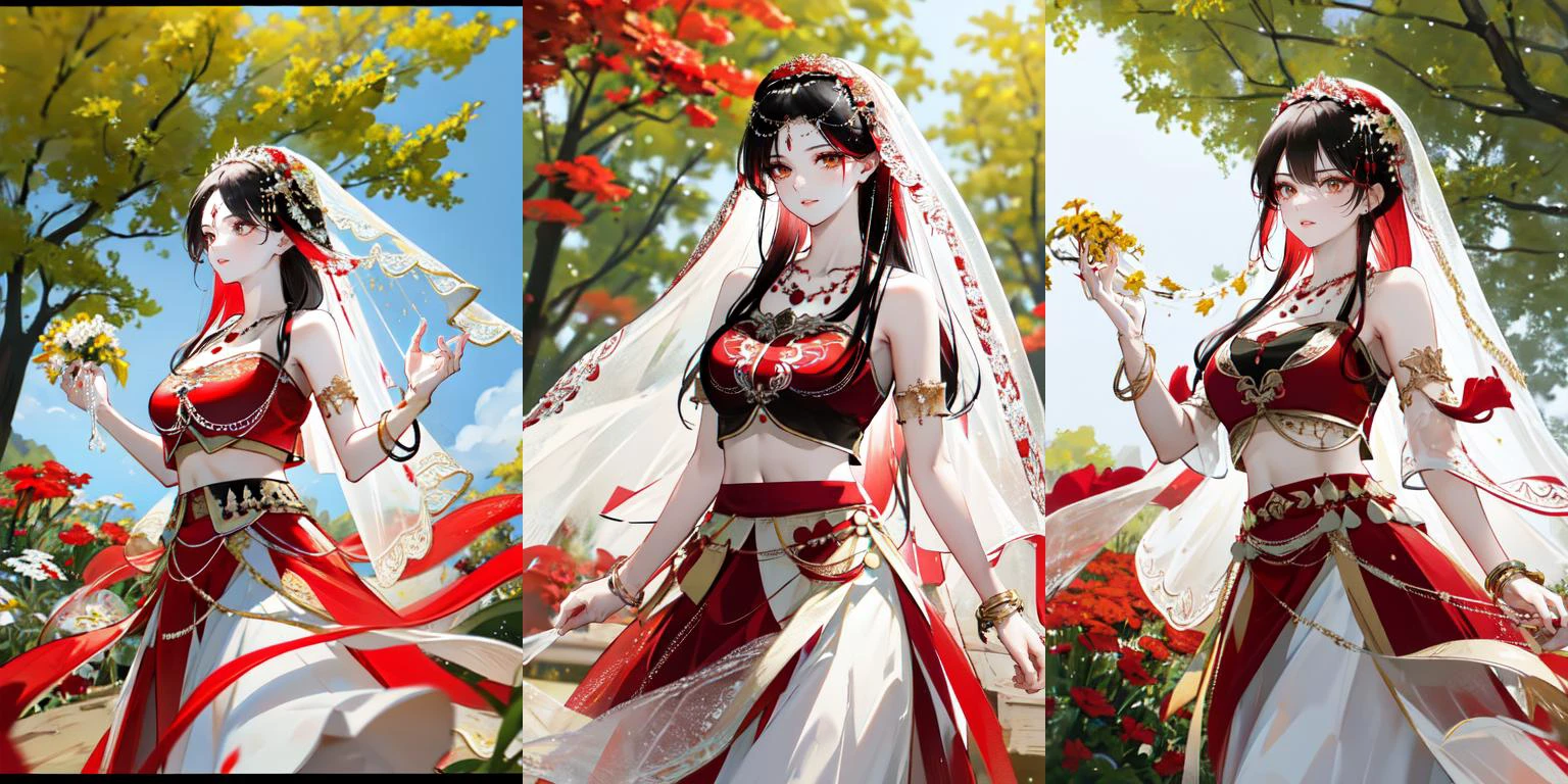 highly insanely detailed, masterpiece, top quality, best quality, highres, 4k, 8k, RAW photo, (very aesthetic, beautiful and aesthetic), <lora:xiyu_clothes:0.8>, ((XiYu_clothes)), 1girl, (red/white/yellow/balck crop top), large breasts, ((jewelry, bracelet, necklace, veil)), midriff, navel, (red/white/yellow/balck skirt), upper body, standing, (cowboy shot), solo, outdoors, flowers, sunshine, park, trees, plants