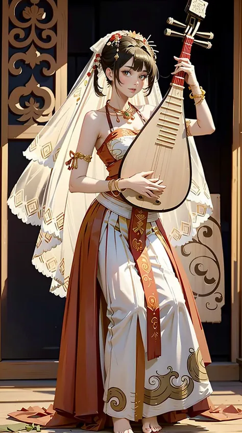 1girl, (playing pipa, holding pipa, pipa),  stand, full body, barefoot, dancing,  ((XiYu_clothes)),(red/white/yellow/balck crop top),large breasts,((jewelry, bracelet, necklace, veil)),midriff,navel,(red/white/yellow/balck skirt), ancient China background, ancient China buildings, masterpiece, best quality, 8k,