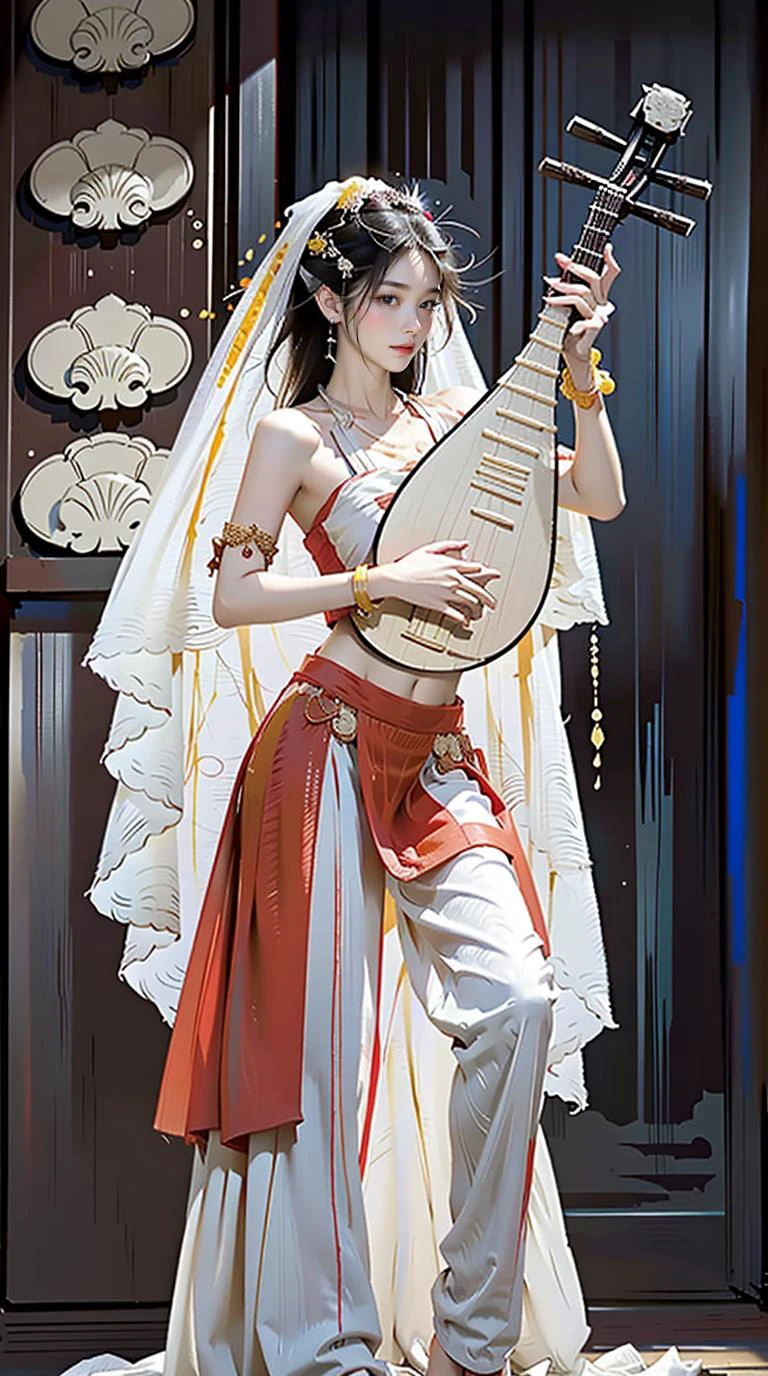 1girl, (playing pipa, holding pipa, pipa), stand, full body, barefoot, dancing, ((XiYu_clothes)),(red/white/yellow/balck crop top),large breasts,((jewelry, bracelet, necklace, veil)),midriff,navel,(red/white/yellow/balck skirt), ancient China background, ancient China buildings, masterpiece, best quality, 8k,