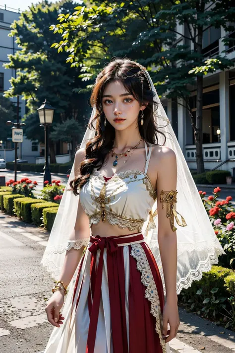 <lora:xiyu_clothes:0.8>,((XiYu_clothes)),1girl,(red/white/yellow/balck crop top),large breasts,(jewelry, bracelet, necklace, veil),midriff,navel,(red/white/yellow/balck skirt),upper body,standing,(cowboy shot),(masterpiece,high quality,best quality),(colorful),(delicate eyes and face),volumatic light,ray tracing,extremely detailed CG unity 8k wallpaper,solo,outdoors,flowers,sunshine,park,trees,plants,