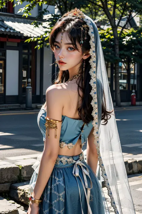 <lora:xiyu_clothes:0.8>,((XiYu_clothes)),1girl,(red crop top),large breasts,((jewelry, bracelet, necklace, veil)),(red skirt),upper body,standing,from behind,(cowboy shot),(masterpiece,high quality,best quality),(colorful),(delicate eyes and face),volumatic light,ray tracing,extremely detailed CG unity 8k wallpaper,solo,outdoors,flowers,sunshine,park,trees,plants,