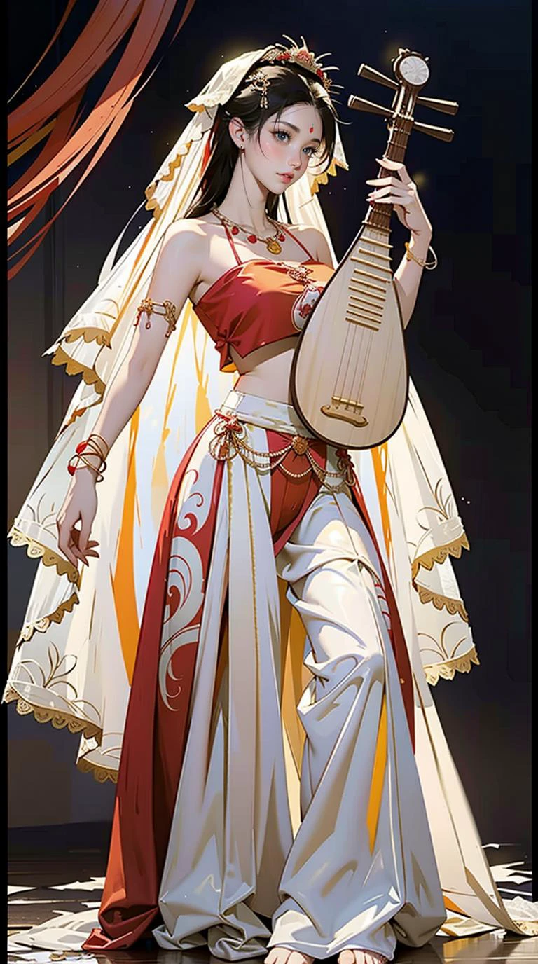 1girl, (playing pipa, holding pipa, pipa), stand, full body, barefoot, ((XiYu_clothes)),(red/white/yellow/balck crop top),large breasts,((jewelry, bracelet, necklace, veil)),midriff,navel,(red/white/yellow/balck skirt), ancient China background, masterpiece, best quality, 8k,