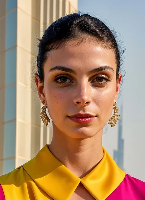 portrait of sks woman in Dubai, at the Burj Khalifa, by Flora Borsi, style by Flora Borsi, bold, bright colours, ((Flora Borsi)), by Guy Bourdin, <lora:lora-small-morena-baccarin-v1:1>