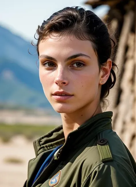 A stunning intricate color close up portrait of (sks woman:1) , wearing Military jacket and cargo pants, epic character composition, sharp focus, natural lighting, subsurface scattering, f2, 35mm, film grain, , by David LaChapelle, <lora:lora-small-morena-baccarin-v1:1>