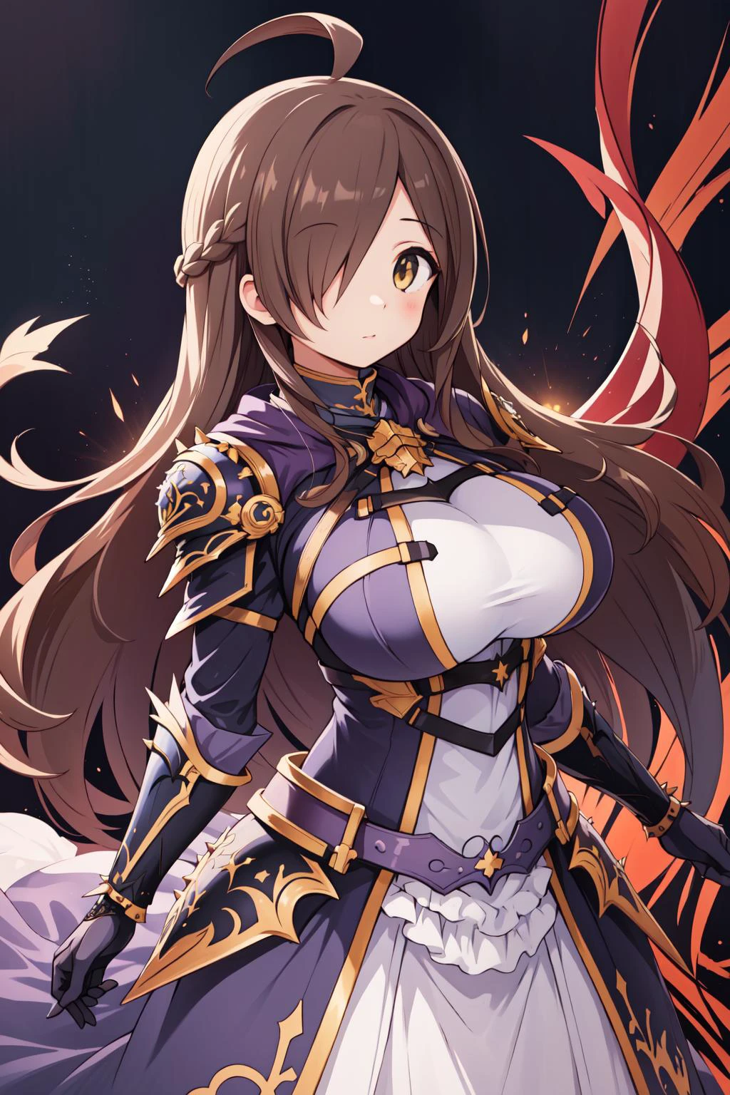(masterpiece, best quality), intricate details,
1girl, <lora:wiz_(konosuba)_v1:0.6> aawiz, long hair, ahoge, hair over one eye, large breasts,
<lora:hadesarmor_v5:1.1> hadesarmor, hadesbonearmor, breastplate, spikes, pauldrons,
