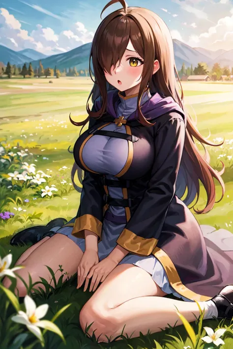 A straight haired brunette adult female lying prone in the fied of beautiful tall cornflowers, between old ruined walls, brown hair, medieval, large long shaped tits, silly personalty, cute happy demeanor, sunny disposition, deredere, village, naked, nsfw, nude,