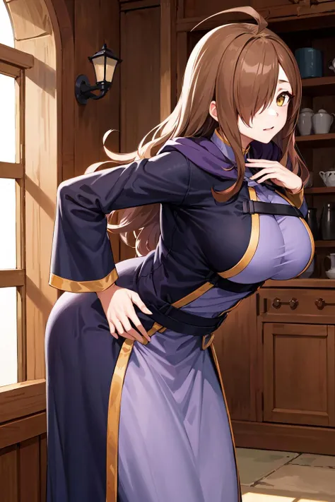 masterpiece, best quality, highres, 1girl, aawiz, long hair, ahoge, hair over one eye, large breasts, robe, long sleeves, <lora:wiz_(konosuba)_v1:0.7>, hand on hip, indoors, leaning forward,