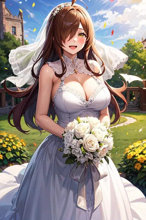 masterpiece, best quality, highres, 1girl, aawiz, long hair, ahoge, hair over one eye, large breasts, <lora:wiz_(konosuba)_v1:0.7>, wedding dress, bridal veil, garden, holding bouquet, standing, cowboy shot, smile, tears, open mouth, confetti,
