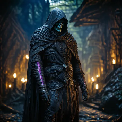 cinematic film still of Skeletor standing menacingly in a dark forest at night, (surrounded by void magic). skeletor has glowing eyes. shallow depth of field, vignette, highly detailed, high budget, bokeh, cinemascope, moody, epic,full body shot,<lora:RPGBanditXL:1.0><lora:RPGBanditXL:1.0>