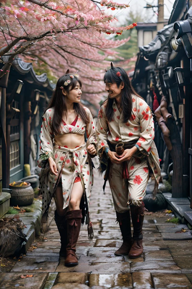 a poor japanese ager couple,a laughing woman rpgbard person rpgbandit centaur person walking in the dirty sakura garden theme park wearing ((polkadot horse:1.3)),large shocked santa claus looking at woman breasts,guitar,musical,<lora:RPGBandit:0.5>,<lora:RPGBard:0.5>,<lora:RPGCentaur:0.7>,feeling strong,flexing,<lora:0181 dirty toilet_v2:0.5>,ruanyi0181,dirty floor,tribal tattoo,looking at camera,amateur photography,