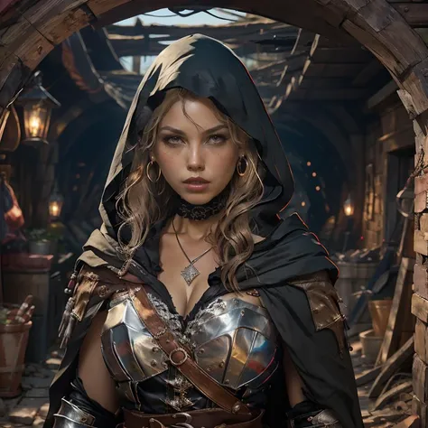 Tolkien, Middle Earth, Mirkwood, in the style of Anato Finnstark, (masterpiece:1.2), (best quality,:1.2), 8k, highly detailed, hyperrealistic, cinematic lighting, ambient lighting, Bridgette, <lora:Bridgette-10:1.0>, as female bandit, (((cowboy shot))), earrings, choker, necklace, dark makeup, dark lipstick, long wild messy blonde hair, dynamic pose, leather armor, dagger, belt, jewelry, cape, hood, circlet, intricate detail,  ((looking at viewer)), in a gloomy, dark and scary crypt, <lora:RPGBandit:1>,