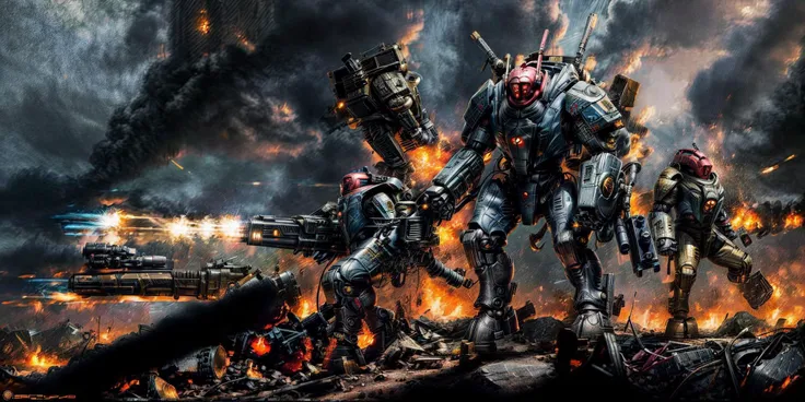 Generate a stunning art style, a true [masterpiece] [best quality] of art. The image showcases [detailed linework], [dynamic shading], and [dramatic lighting], bringing to life a [dark atmosphere, grim coloures] . In the background a [battlefield,in the middle of siege, heavy explosion] is to be seen in [grand, high-scale, panorama]  from  [from below].
Mecha Stealthsuits xv25 solo is [full body, charging forward,  looking at viewer] .  It is wearing a [stunning shoulder cannon, arm cannon, gattling gun, damaged, huge gun]. It is holding a [sword, shield]. A [gun drone] is following it.
<lora:Ta'u, Battle Suits MK1 by CARAXES:0.7> <lora:more_details:1> <lora:add_detail:1>