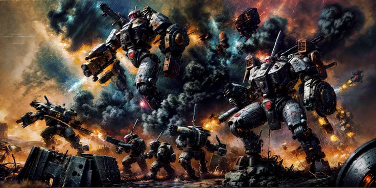 Generate a stunning art style, a true [masterpiece] [best quality] of art. The image showcases [detailed linework], [dynamic shading], and [dramatic lighting], bringing to life a [dark atmosphere, grim coloures] . In the background a [battlefield,in the middle of siege, heavy explosion] is to be seen in [grand, high-scale, panorama]  from  [from below].
Mecha battlesuit [cv88] solo is [full body, charging forward,  looking at viewer] .  It is wearing a [stunning shoulder cannon, arm cannon, gattling gun, damaged, huge gun]. It is holding a [sword, shield]. A [gun drone] is following it.
<lora:Ta'u, Battle Suits MK1 by CARAXES:0.7> <lora:more_details:0.8> <lora:add_detail:1>