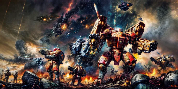 Generate a stunning art style, a true [masterpiece] [best quality] of art. The image showcases [detailed linework], [dynamic shading], and [dramatic lighting], bringing to life a [dark atmosphere, grim coloures] . In the background a [battlefield,in the middle of siege, heavy explosion] is to be seen in [grand, high-scale, panorama]  from  [from below].
Mecha KV128, mecha [giant, size diffrence] solo is [full body, charging forward,  looking at viewer] .  It is wearing a [stunning shoulder cannon, arm cannon, gattling gun, damaged, huge gun]. It is holding a [sword, shield]. A [gun drone] is following it.
<lora:Ta'u, Battle Suits MK1 by CARAXES:0.7> <lora:more_details:1> <lora:add_detail:1>