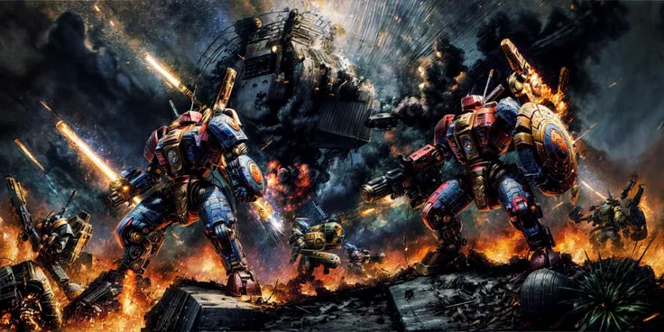 Generate a stunning art style, a true [masterpiece] [best quality] of art. The image showcases [detailed linework], [dynamic shading], and [dramatic lighting], bringing to life a [dark atmosphere, grim coloures] . In the background a [battlefield,in the middle of siege, heavy explosion] is to be seen in [grand, high-scale, panorama]  from  [from below].
Mecha battlesuit [xv104] solo is [full body, charging forward,  looking at viewer] .  It is wearing a [stunning shoulder cannon, arm cannon, gattling gun, damaged, huge gun]. It is holding a [sword, shield]. A [gun drone] is following it.
<lora:Ta'u, Battle Suits MK1 by CARAXES:0.7> <lora:more_details:0.8> <lora:add_detail:1>