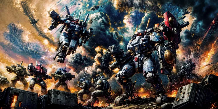 Generate a stunning art style, a true [masterpiece] [best quality] of art. The image showcases [detailed linework], [dynamic shading], and [dramatic lighting], bringing to life a [dark atmosphere, grim coloures] . In the background a [battlefield,in the middle of siege, heavy explosion] is to be seen in [grand, high-scale, panorama]  from  [from below].
Mecha battlesuit [cv88] solo is [full body, charging forward,  looking at viewer] .  It is wearing a [stunning shoulder cannon, arm cannon, gattling gun, damaged, huge gun]. It is holding a [sword, shield]. A [gun drone] is following it.
<lora:Ta'u, Battle Suits MK1 by CARAXES:0.7> <lora:more_details:0.8> <lora:add_detail:1>