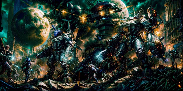 Generate a stunning art style, a true [masterpiece] [best quality] of art. The image showcases [detailed linework], [dynamic shading], and [dramatic lighting], bringing to life a [dark atmosphere, grim coloures] . In the background a [battlefield,in the middle of siege, heavy explosion] is to be seen in [grand, high-scale, panorama]  from  [from below].
Mecha battlesuit [cv88] solo is [full body, charging forward,  looking at viewer] .  It is wearing a [stunning shoulder cannon, arm cannon, gattling gun, damaged, huge gun]. It is holding a [sword, shield]. A [gun drone] is following it.
<lora:Ta'u, Battle Suits MK1 by CARAXES:0.7> <lora:more_details:0.8> <lora:add_detail:1>