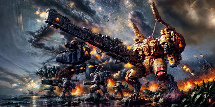 Generate a stunning art style, a true [masterpiece] [best quality] of art. The image showcases [detailed linework], [dynamic shading], and [dramatic lighting], bringing to life a [dark atmosphere, grim coloures] . In the background a [battlefield,in the middle of siege, heavy explosion] is to be seen in [grand, high-scale, panorama]  from  [from below].
Mecha KV128, mecha [giant, size diffrence] solo is [full body, charging forward,  looking at viewer] .  It is wearing a [stunning shoulder cannon, arm cannon, gattling gun, damaged, huge gun]. It is holding a [sword, shield]. A [gun drone] is following it.
<lora:Ta'u, Battle Suits MK1 by CARAXES:0.7> <lora:more_details:1> <lora:add_detail:1>